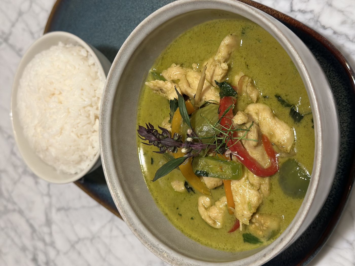 Green curry with chicken and a side of jasmine rice